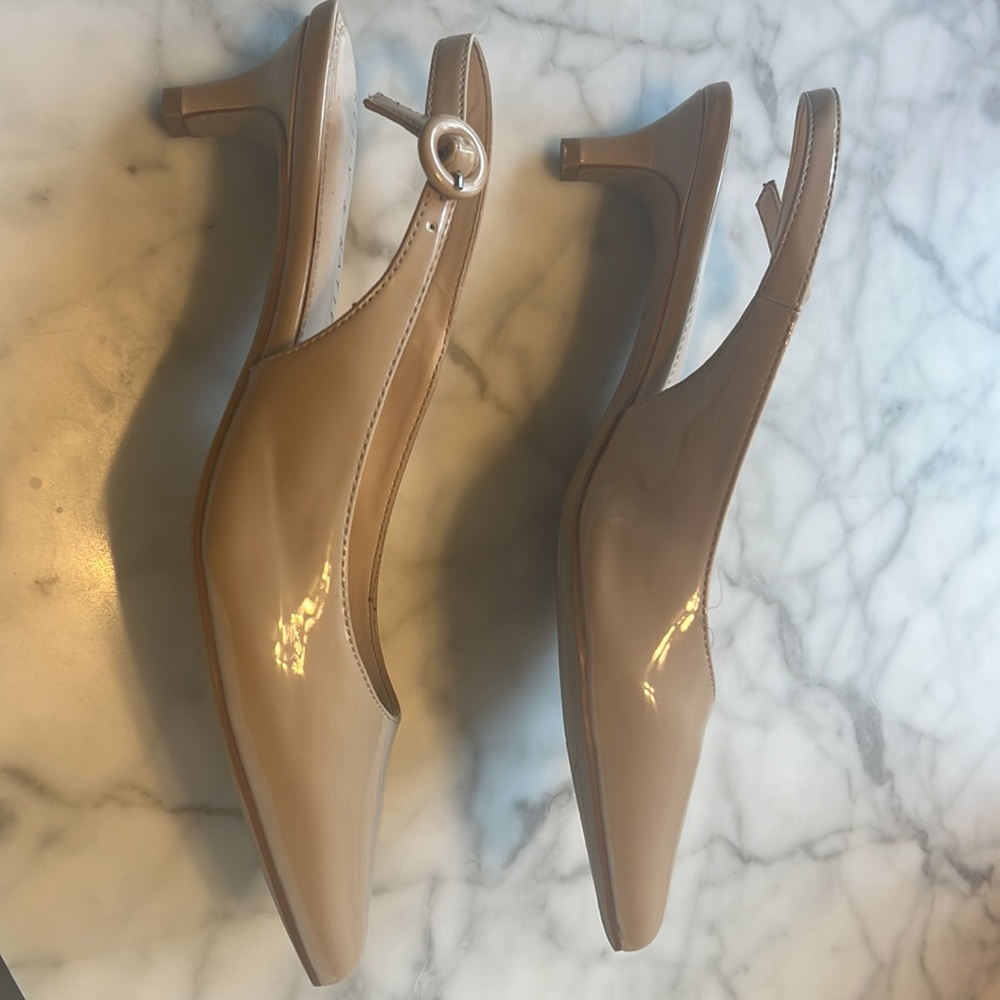 Tan, patent faux leather pumps with 1” kitten heel. Worn once. In box size 7. - Picture 3 of 8